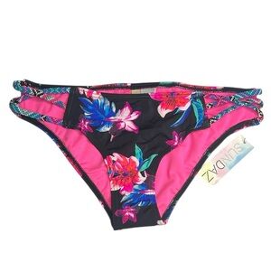 SUNDAZED Women’s Sasha Tropical Strappy Bikini Bottom - Black Multi